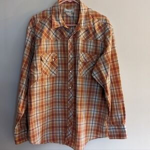 WRANGLER Retro Men's Orange Check Pearl Snap LS Wrancher Shirt